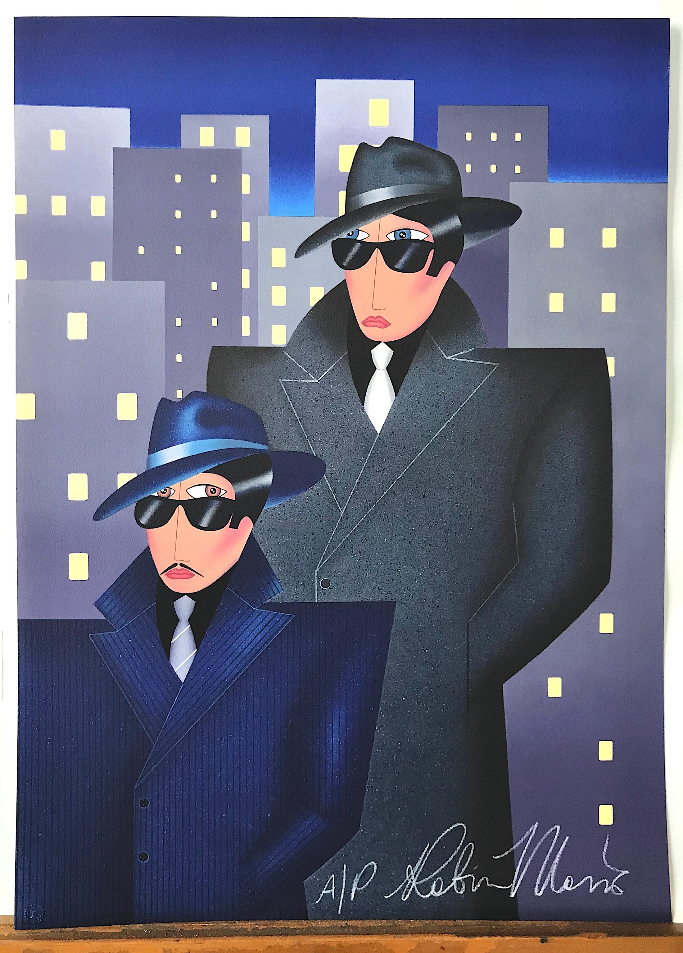 GANGSTERS Signed Lithograph, City Portrait, Men, Buildings, Dark Sunglasses For Sale 1
