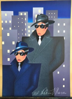 GANGSTERS Signed Lithograph, City Portrait, Men, Buildings, Dark Sunglasses