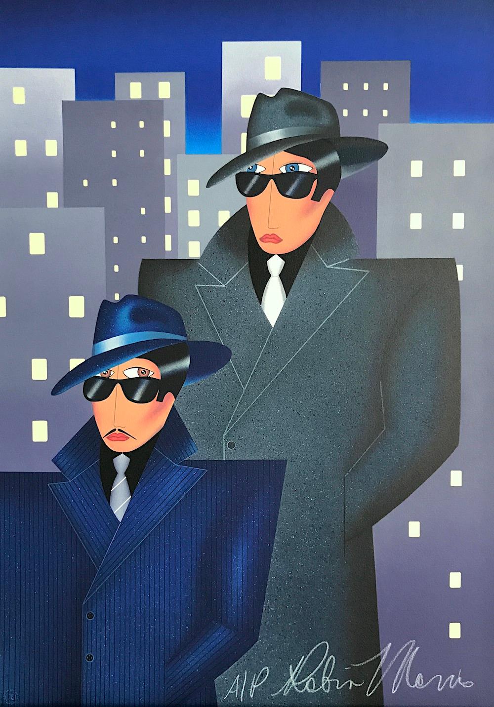 GANGSTERS Litografía firmada, Retrato de ciudad, Hombres, Edificios, Gafas de sol oscuras