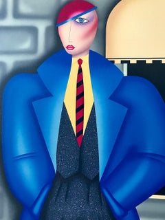 HER NEW BLUE COAT Signed Lithograph, portrait de mode de style Art déco, costume en tweed