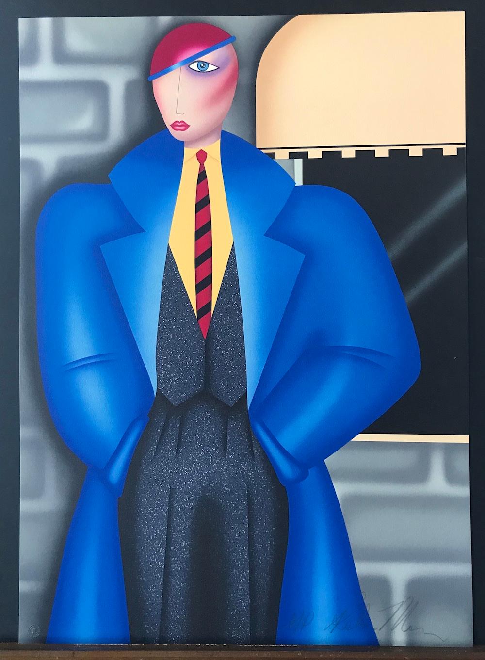 HER NEW BLUE COAT Signed Lithograph, Art Deco Style Fashion Portrait, Tweed Suit For Sale 2