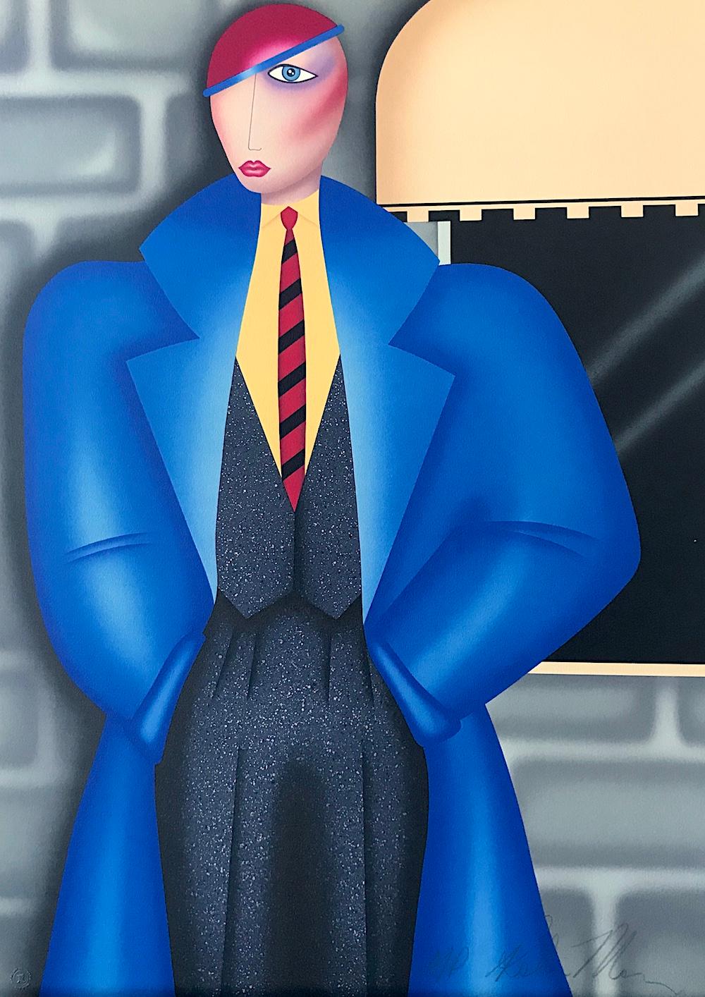 Robin Morris Figurative Print - HER NEW BLUE COAT Signed Lithograph, Art Deco Style Fashion Portrait, Tweed Suit