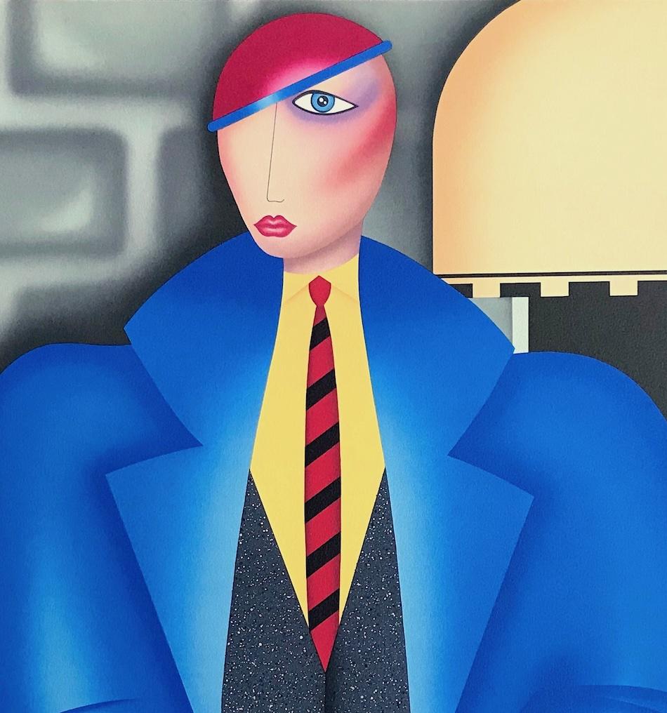 HER NEW BLUE COAT Signed Lithograph, Art Deco Style Fashion Portrait, Tweed Suit - Blue Figurative Print by Robin Morris