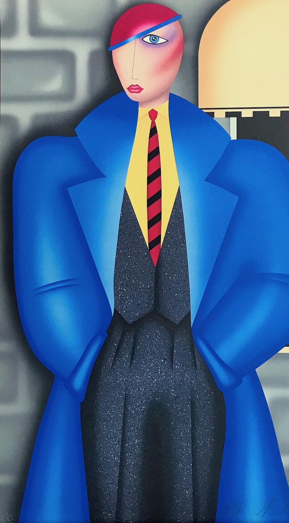 HER NEW BLUE COAT by the woman artist Robin Morris, is an original limited edition lithograph printed using hand lithography techniques(not a photo reproduction or digital print) on archival printmaking paper, 100% acid free. HER NEW BLUE COAT is an