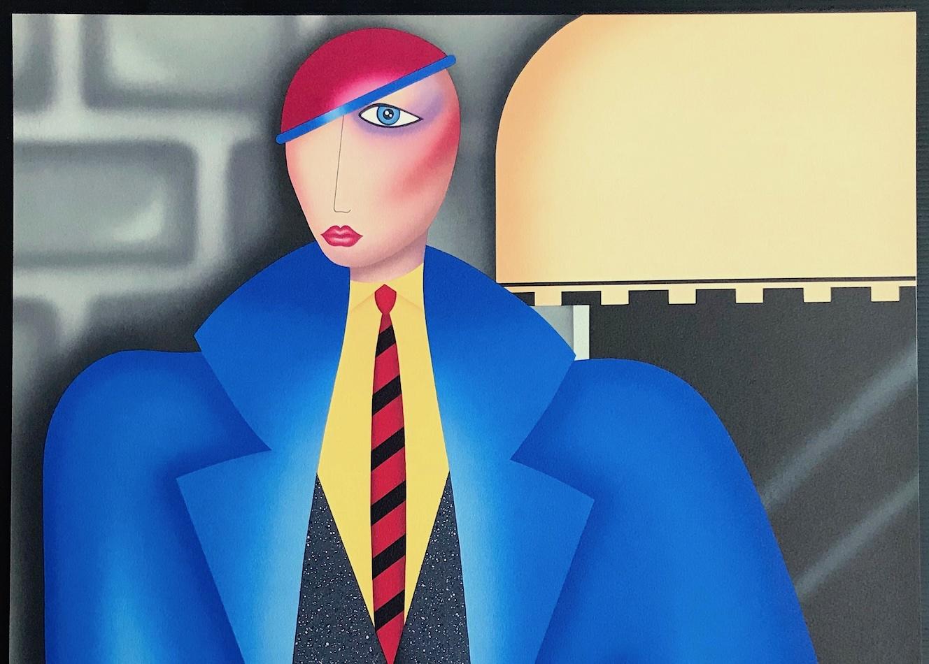 HER NEW BLUE COAT Signed Lithograph, Art Deco Style Fashion Portrait, Tweed Suit For Sale 1