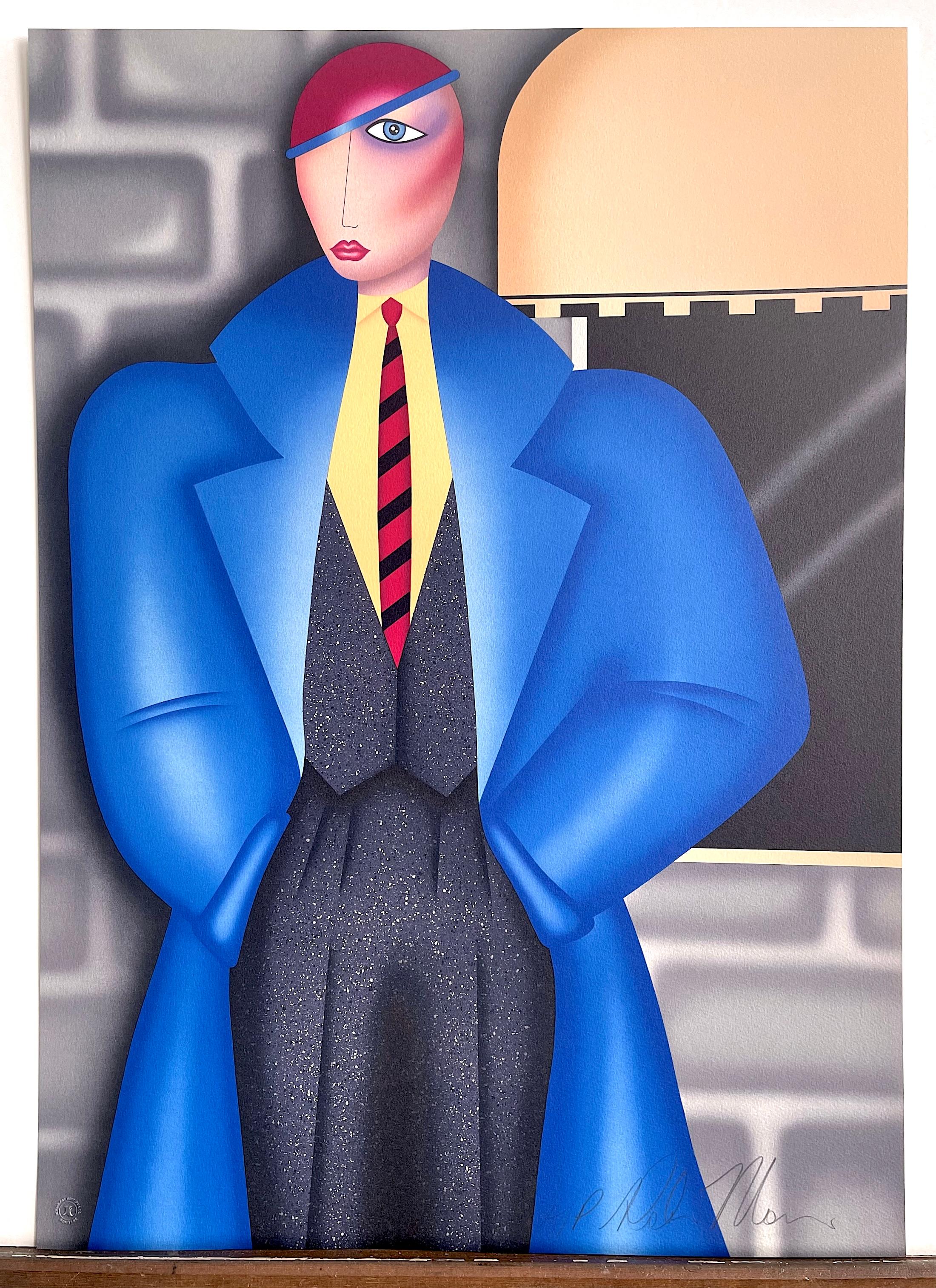 HER NEW BLUE COAT Signed Lithograph, portrait de mode de style Art déco, costume en tweed en vente 5