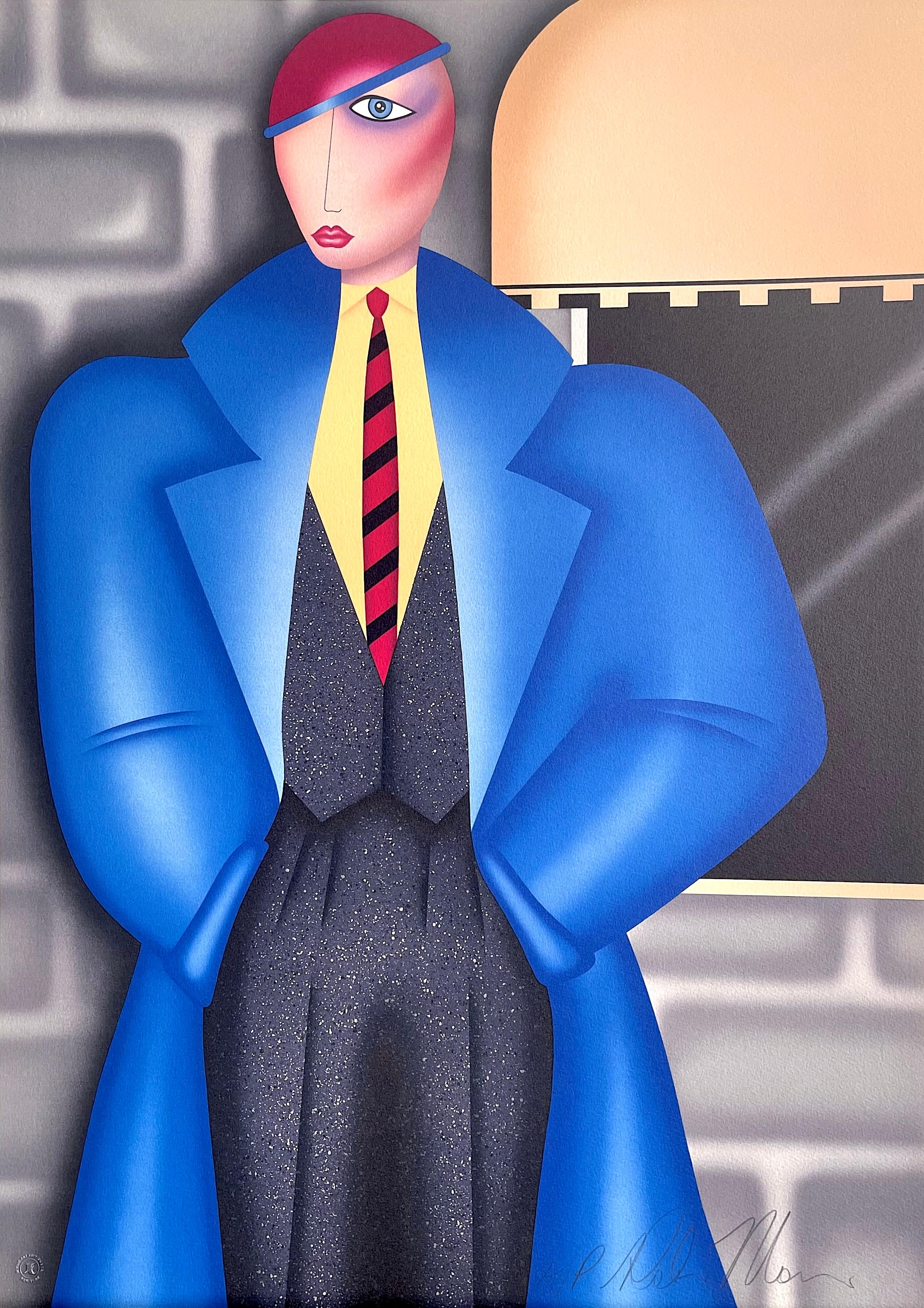 HER NEW BLUE COAT Signed Lithograph, Art Deco Style Fashion Portrait, Tweed Suit