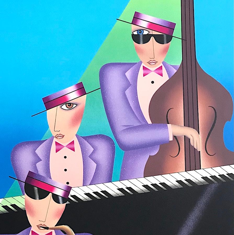 Lithographie signée JAZZ TRIO, portrait musical, bleu turquoise, lavande, rose - Print de Robin Morris
