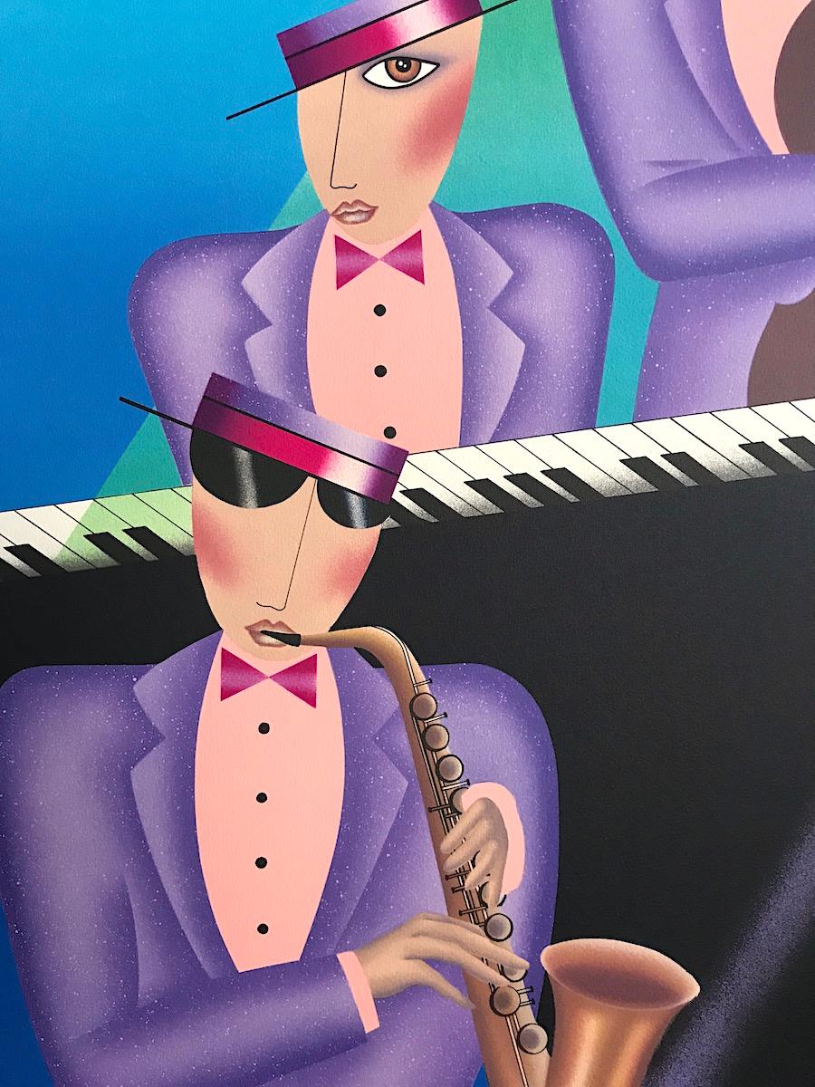 Lithographie signée JAZZ TRIO, portrait musical, bleu turquoise, lavande, rose - Art déco Print par Robin Morris