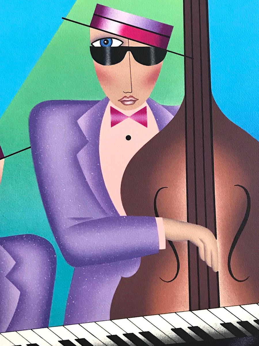 Lithographie signée JAZZ TRIO, portrait musical, bleu turquoise, lavande, rose - Rose Interior Print par Robin Morris