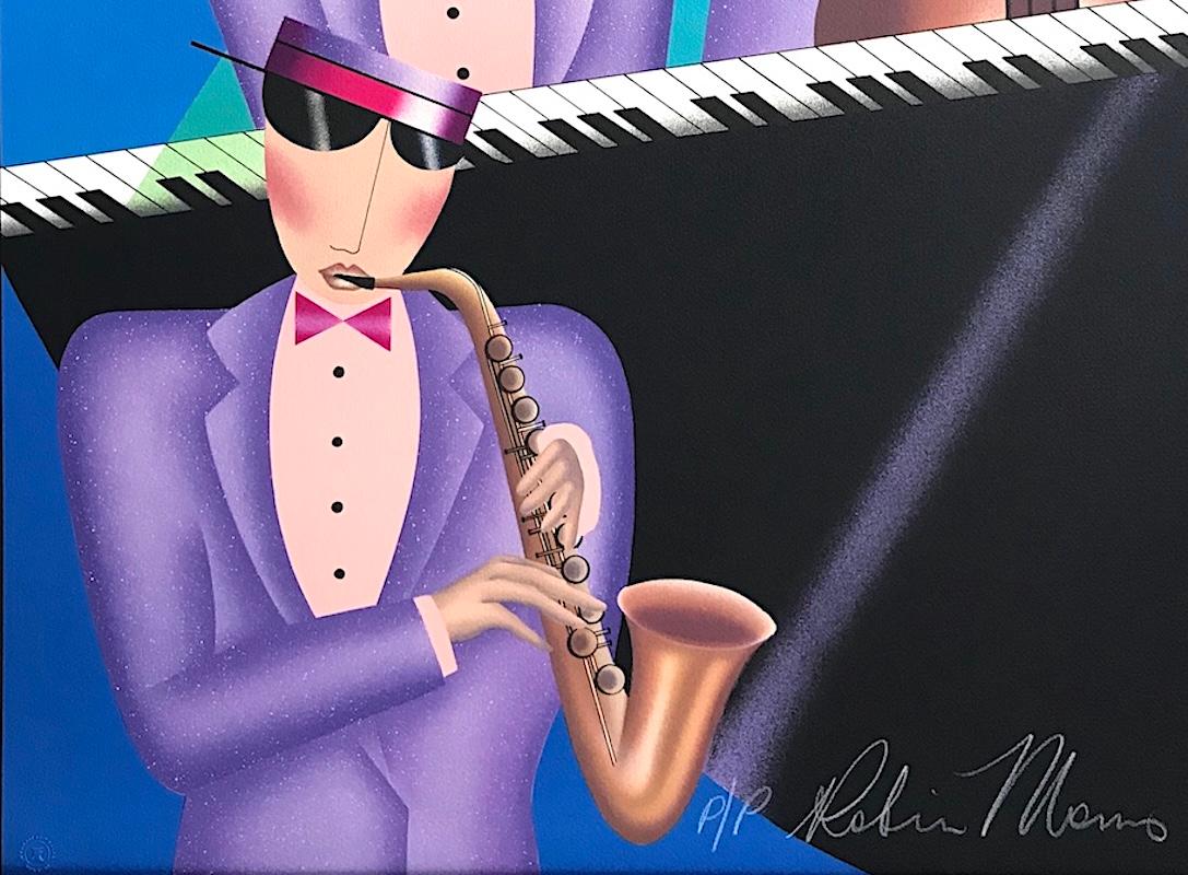 Lithographie signée JAZZ TRIO, portrait musical, bleu turquoise, lavande, rose en vente 2