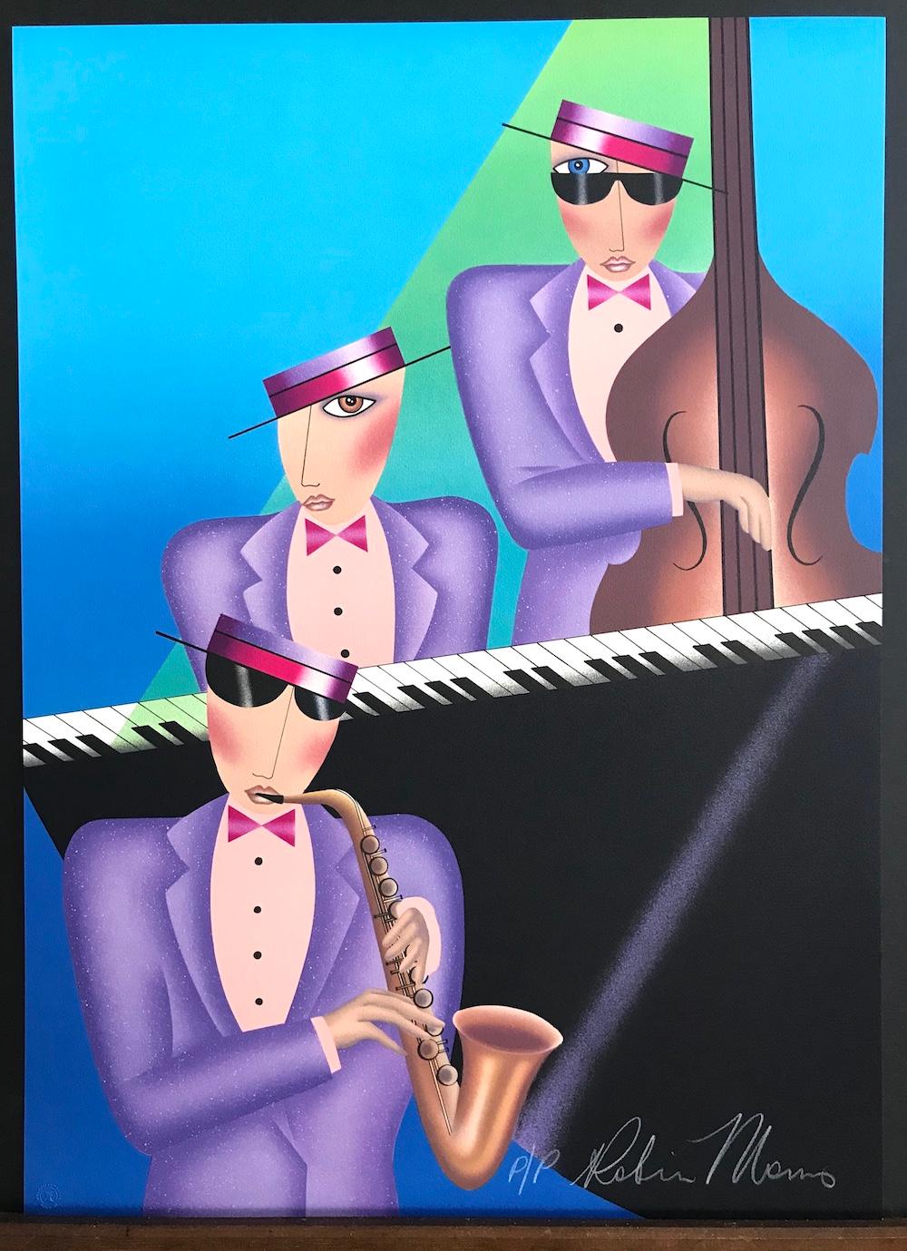 Lithographie signée JAZZ TRIO, portrait musical, bleu turquoise, lavande, rose en vente 3