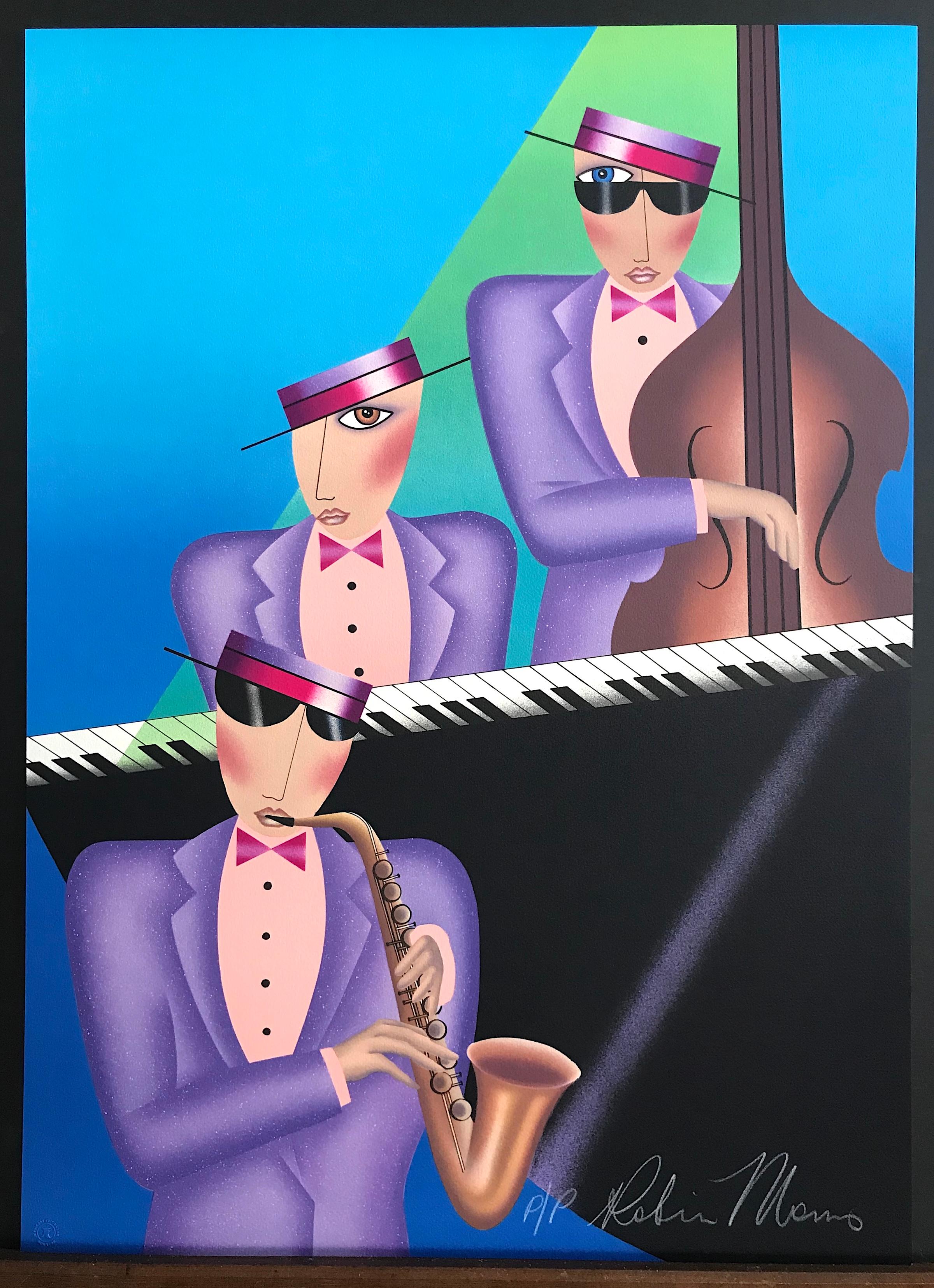 JAZZ TRIO Signed Lithograph, Musical Portrait, Turquoise Blue, Lavender, Pink For Sale 4