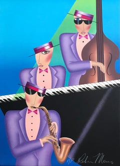 JAZZ TRIO Signed Lithograph, Musical Portrait, Turquoise Blue, Lavender, Pink