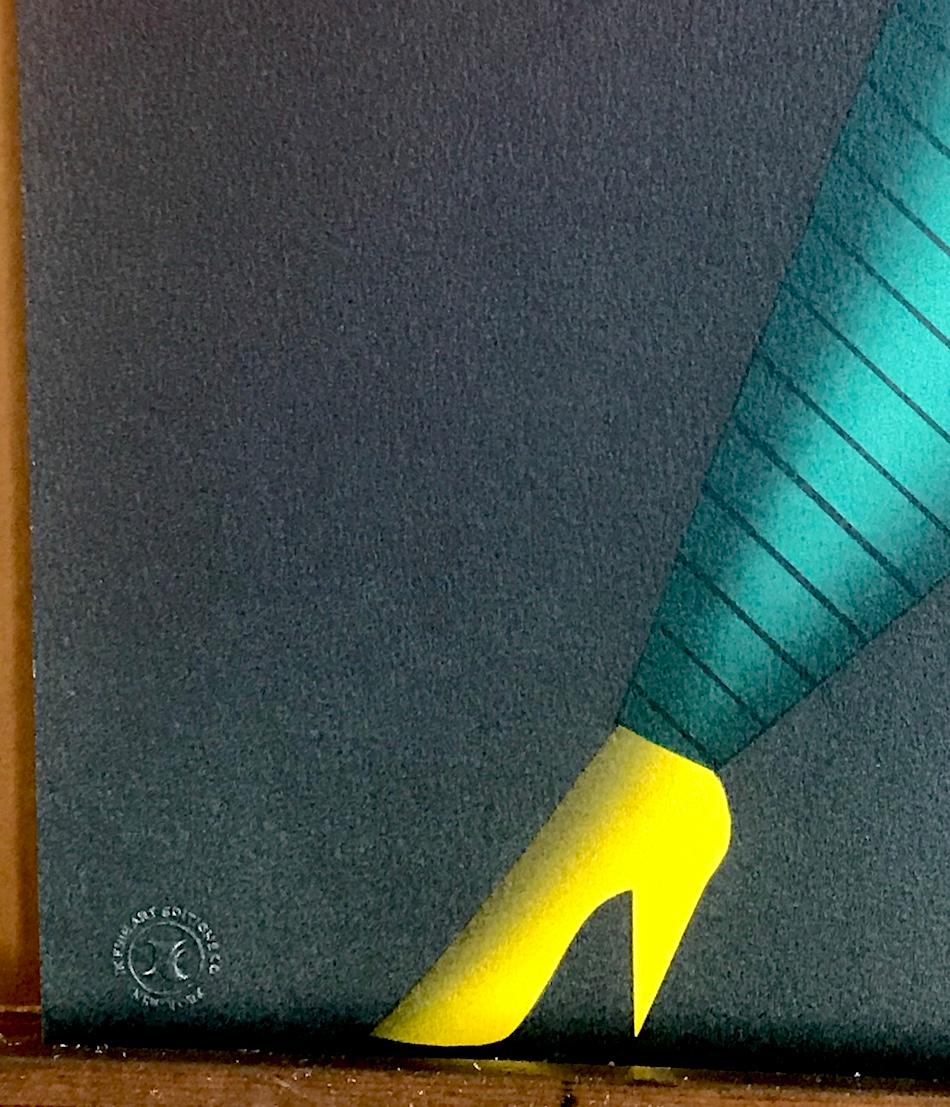 JUMPIN' JIVE Litografía firmada, Mujer bailando, Batería de jazz, Rojo, Verde, Amarillo - Portrait Print Azul de Robin Morris