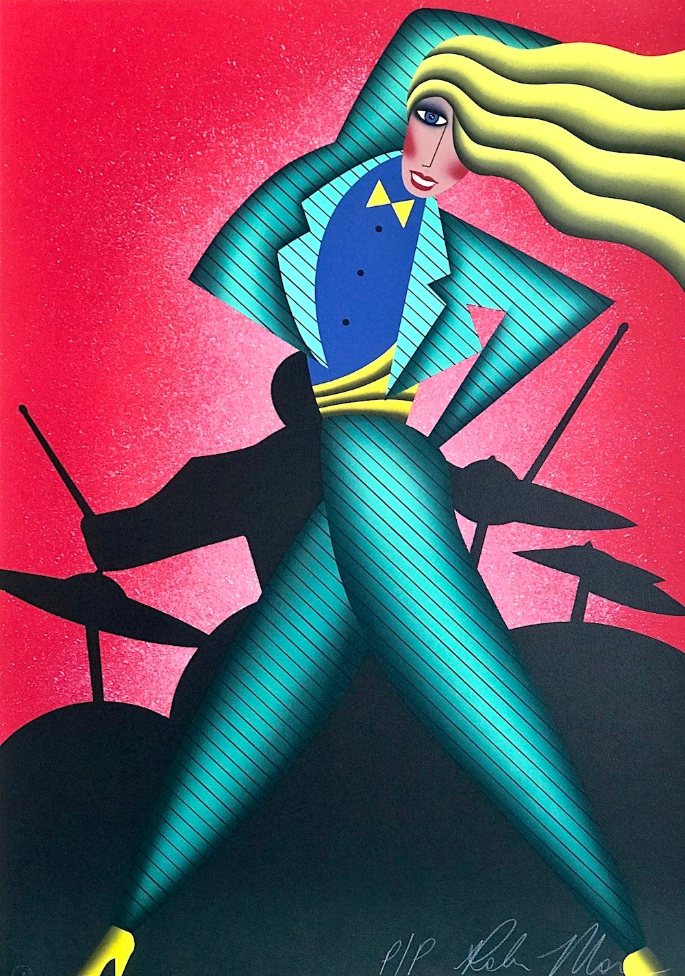 JUMPIN' JIVE Signed Lithograph, Dance Portrait Drummer, Red Green Yellow Black