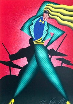 JUMPIN' JIVE Litografía firmada, Mujer bailando, Batería de jazz, Rojo, Verde, Amarillo