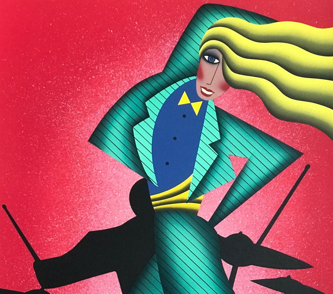 JUMPIN' JIVE Litografía firmada, Mujer bailando, Batería de jazz, Rojo, Verde, Amarillo - Print de Robin Morris