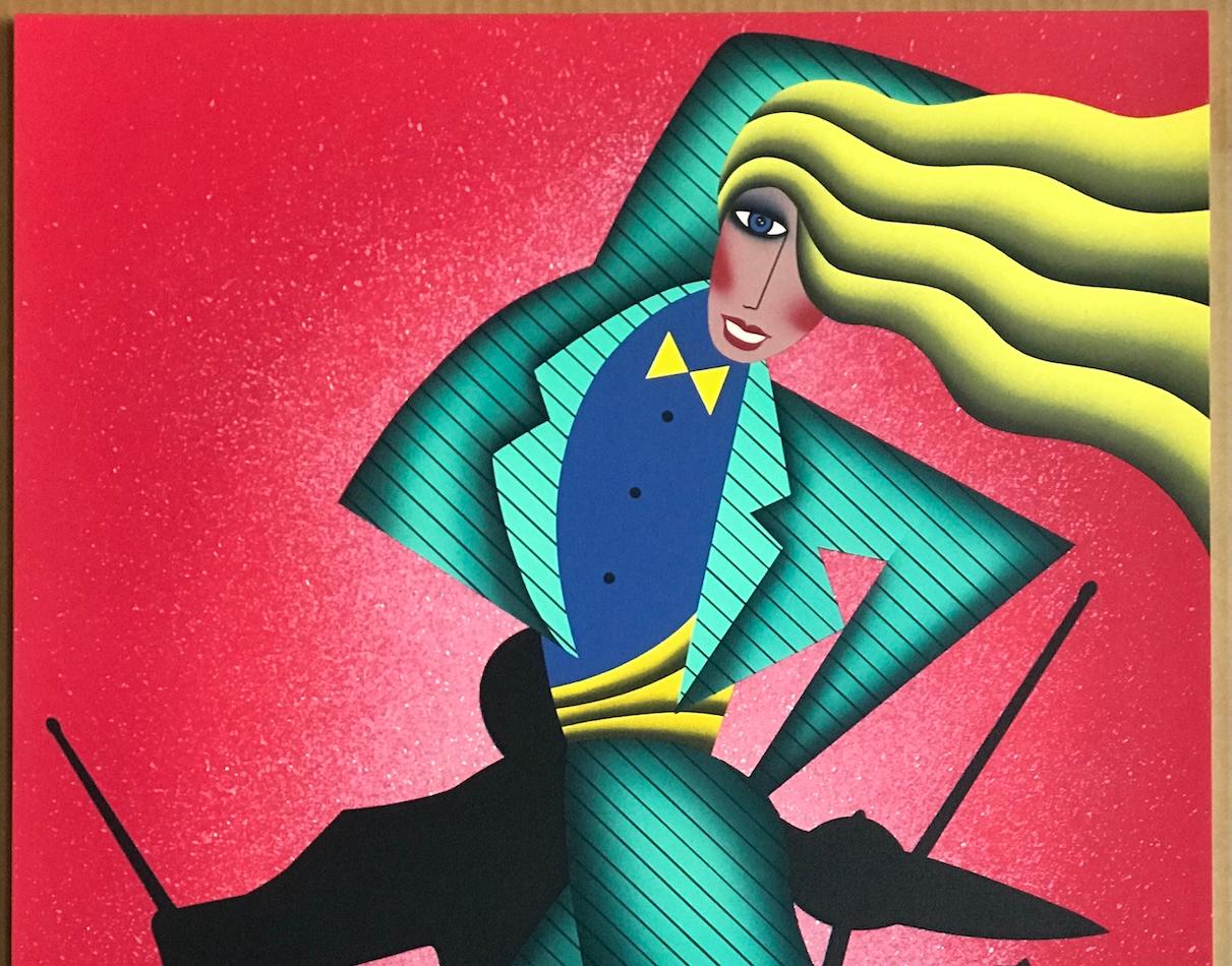 JUMPIN' JIVE Litografía firmada, Mujer bailando, Batería de jazz, Rojo, Verde, Amarillo en venta 1