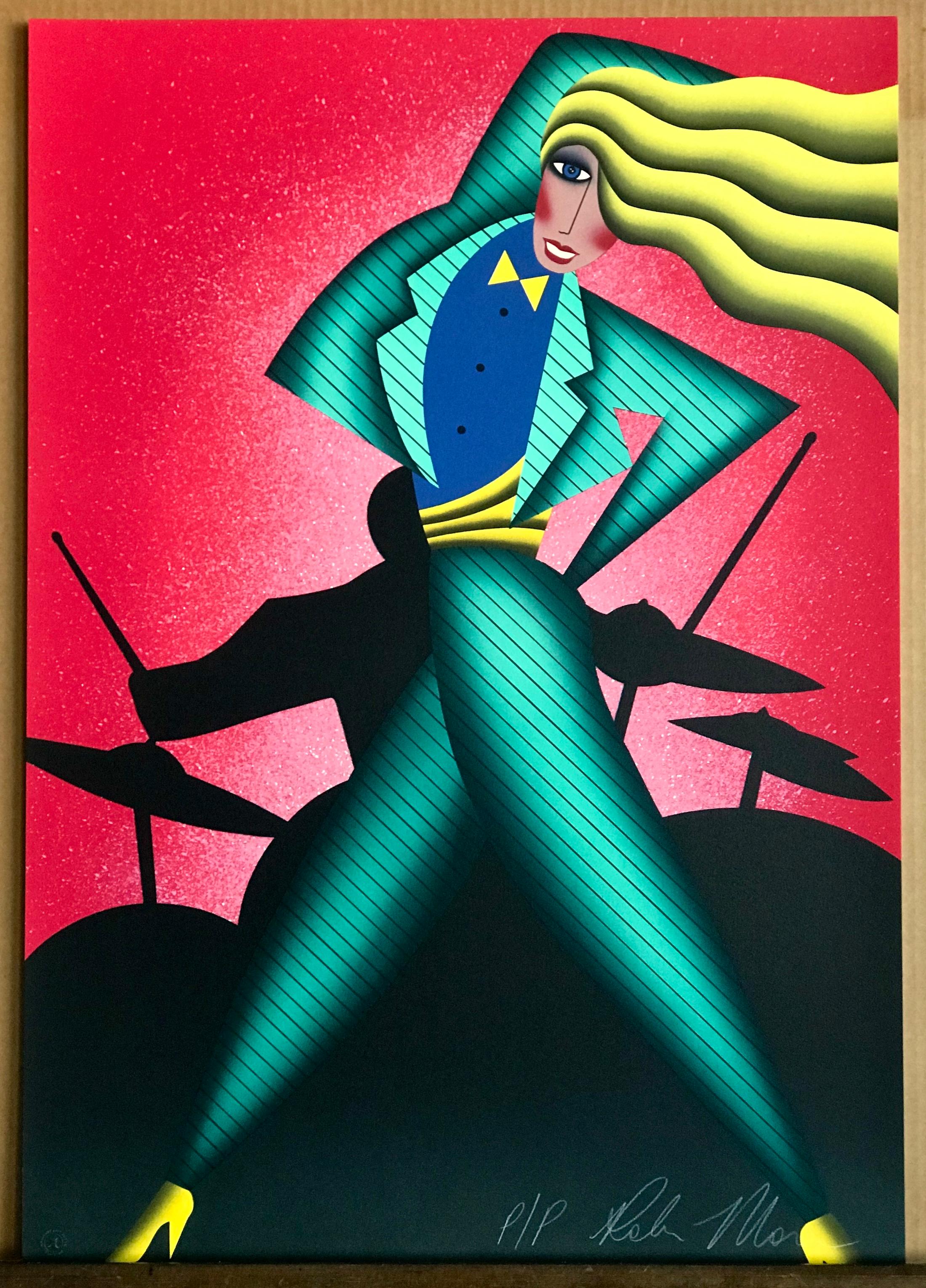 JUMPIN' JIVE by the woman artist Robin Morris, is an original limited edition lithograph printed in 13 colors using hand lithography techniques on archival Arches paper, 100% acid free. JUMPIN' JIVE is a modern jive dance portrait portraying an