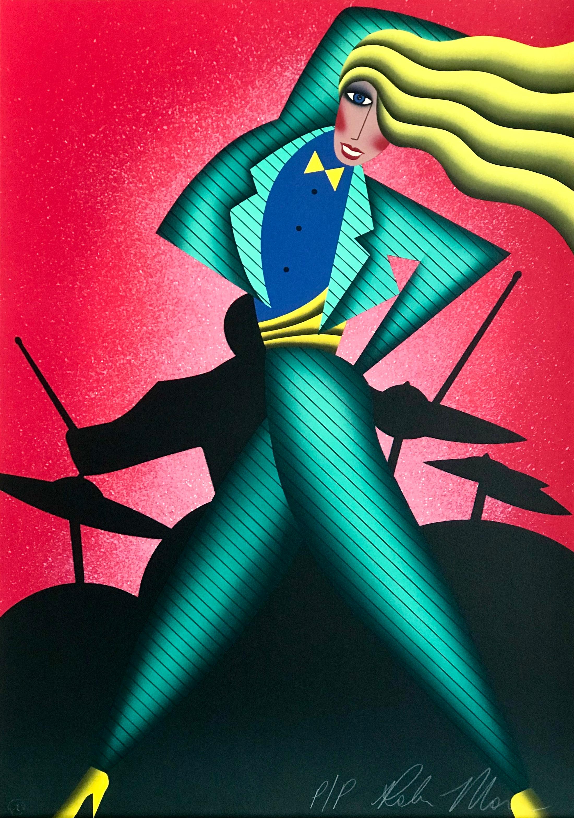 Lithographie signée JUMPIN' JIVE, femme dansant, tambouriste de jazz, rouge, vert, jaune