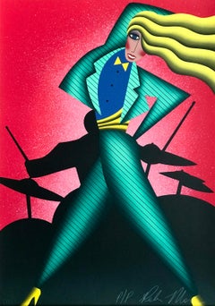 JUMPIN' JIVE Signed Lithograph, Woman Dancing, Jazz Drummer, Red, Green, Yellow