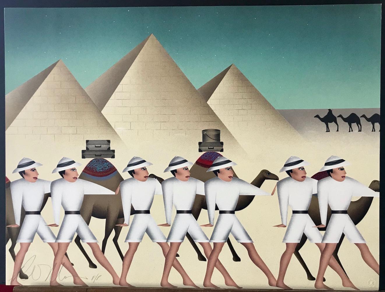 LAND OF THE PHAROAHS Signed Lithograph, Expedition, Egyptian Pyramids, Camels - Beige Figurative Print by Robin Morris