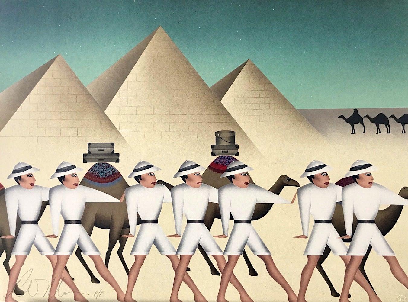 Robin Morris Figurative Print - LAND OF THE PHAROAHS Signed Lithograph, Expedition, Egyptian Pyramids, Camels