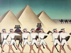 LAND OF THE PHAROAHS Signed Lithograph, Egyptian Pyramids, Camels, Safari Hats