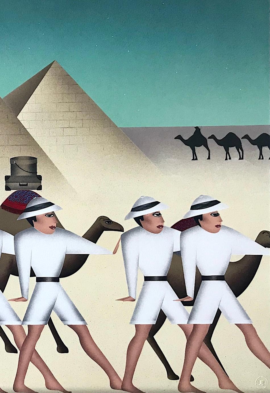 LAND OF THE PHAROAHS Signed Lithograph, Expedition, Egyptian Pyramids, Camels - Art Deco Print by Robin Morris