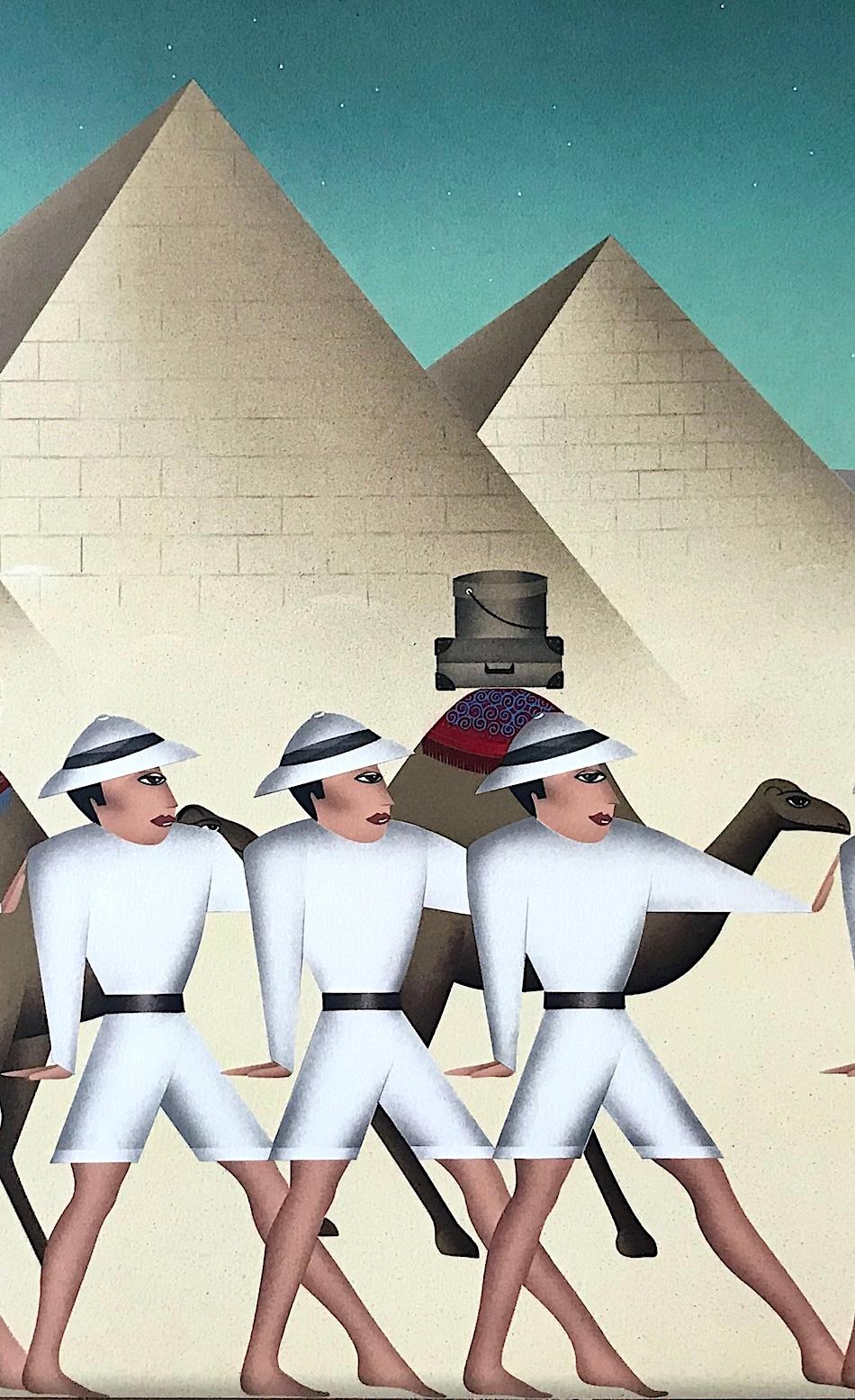 LAND OF THE PHAROAHS Litografia firmata, Spedizione, Piramidi egizie, Cammelli - Figurative Print Beige di Robin Morris