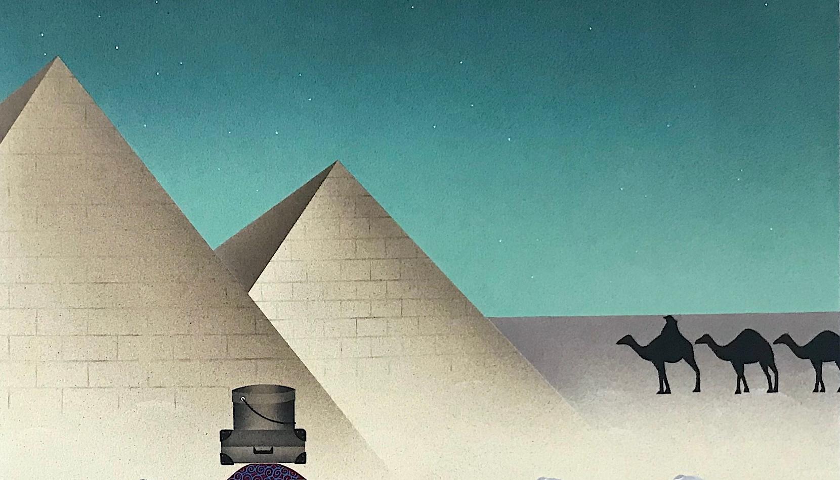 LAND OF THE PHAROAHS by the woman artist Robin Morris, is an original limited edition lithograph printed using hand lithography techniques on archival Coventry Rag paper, 100% acid free. LAND OF THE PHAROAHS is a humorous desert expedition scene