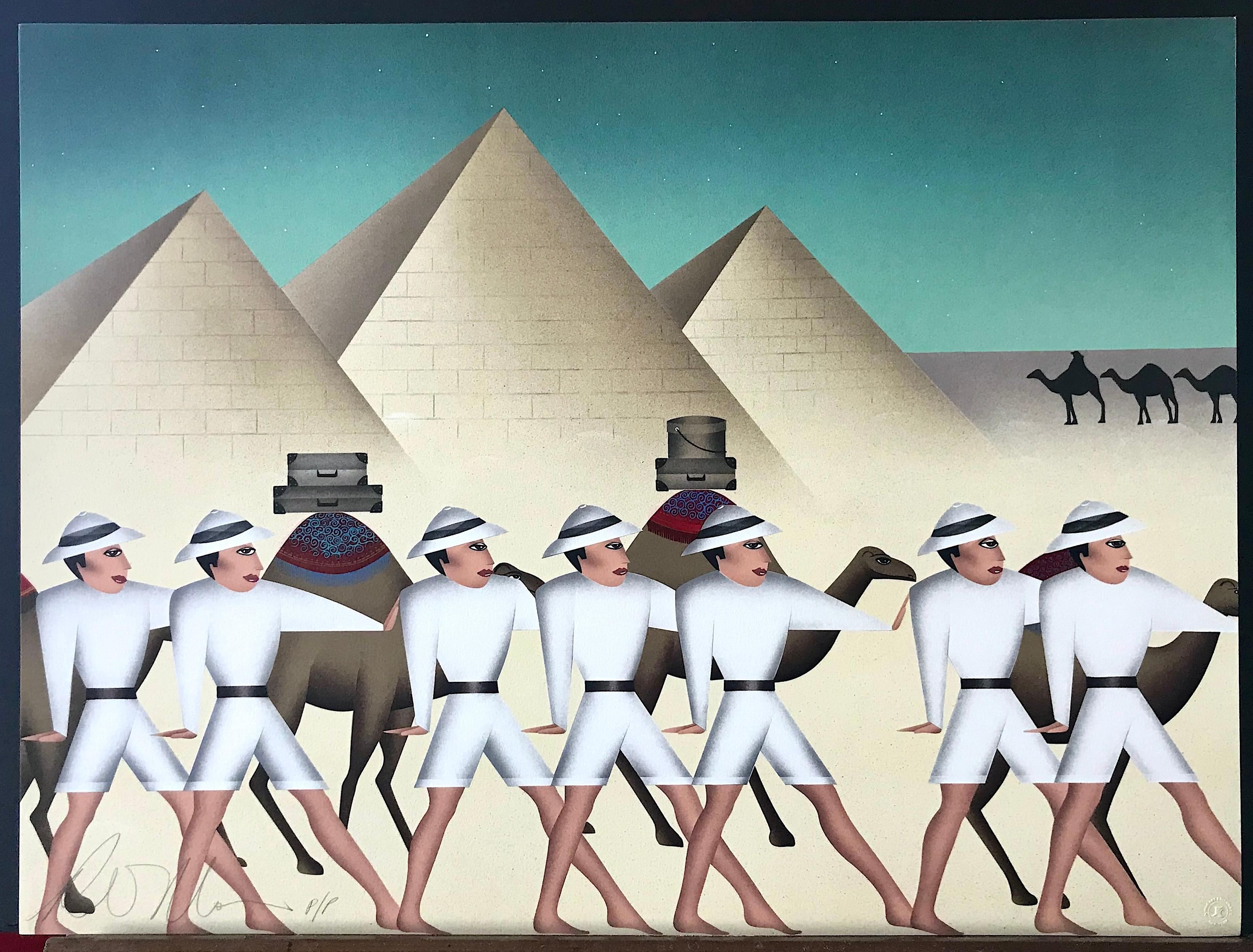 LAND OF THE PHAROAHS Litografia firmata, Spedizione, Piramidi egizie, Cammelli in vendita 3