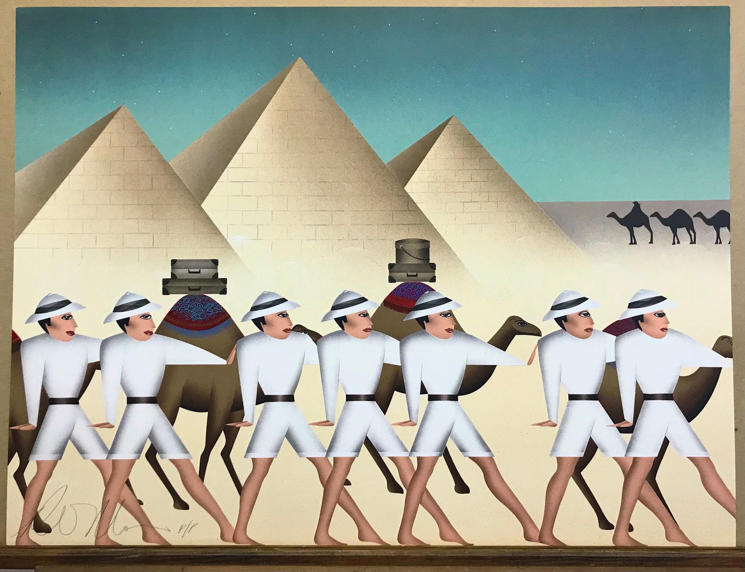 LAND OF THE PHAROAHS Signed Lithograph, Expedition, Egyptian Pyramids, Camels For Sale 3