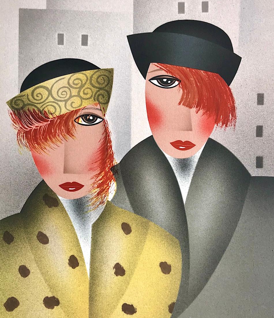 MARÍA y EDDIE Litografía firmada, Retrato Art Decó, Pelo rojo, Abrigo de cuello chal - Print de Robin Morris