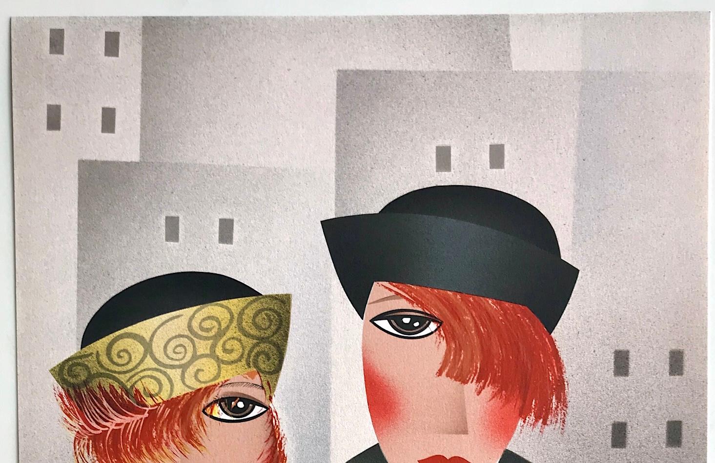 MARÍA y EDDIE Litografía firmada, Retrato Art Decó, Pelo rojo, Abrigo de cuello chal en venta 1