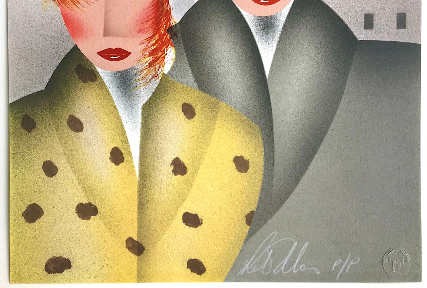 MARÍA y EDDIE Litografía firmada, Retrato Art Decó, Pelo rojo, Abrigo de cuello chal en venta 2