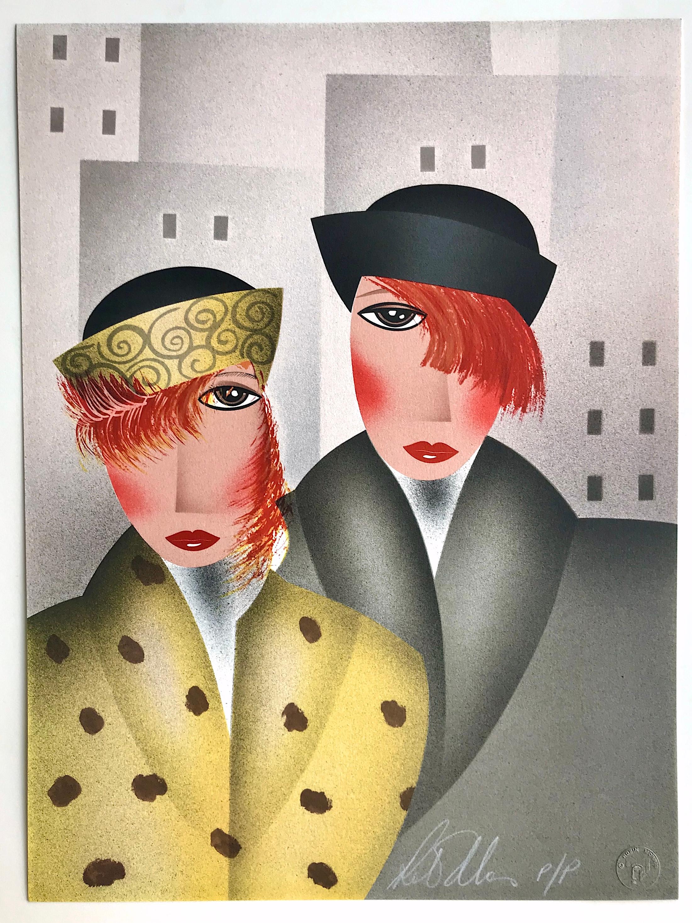MARY and EDDIE by the woman artist Robin Morris, is an original limited edition lithograph printed using hand lithography techniques on archival Coventry Rag paper, 100% acid free. MARY and EDDIE is a whimsical Art Deco style portrait of two fashion