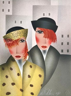 MARY and EDDIE Signed Lithograph, Art Deco Portrait, Red Hair, Shawl-collar Coat