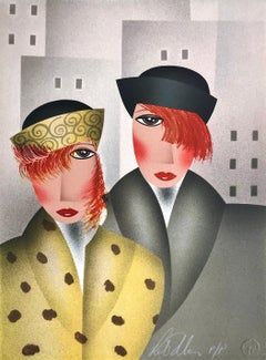 MARY and EDDIE Signed Lithograph, Art Deco Portrait, Red Hair, Shawl-collar Coat