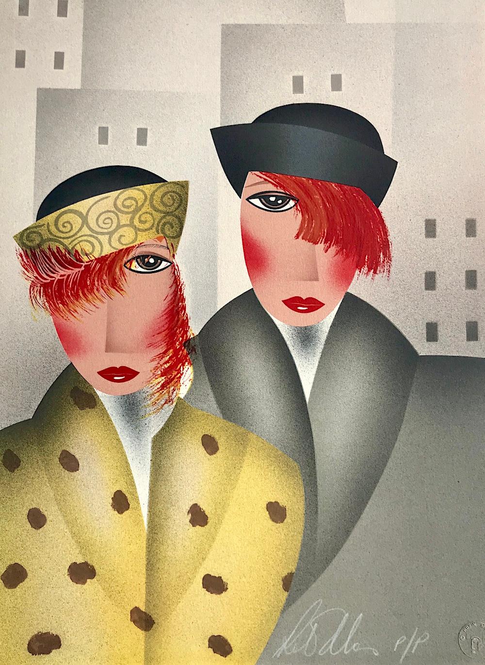 Lithographie signée MARY et EDDIE, portrait Art Déco, cheveux rouges, manteau à col châle