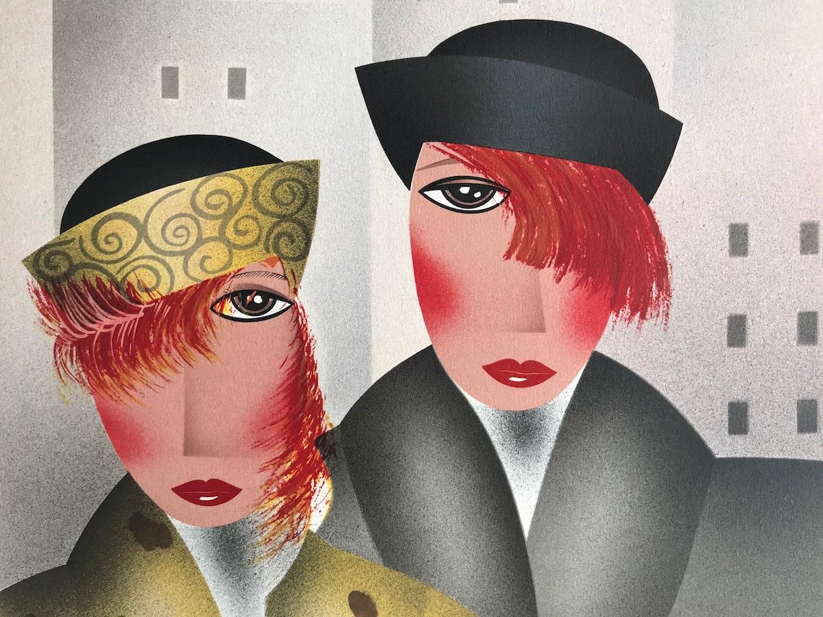 MARY and EDDIE Signed Lithograph, Deco Style Portrait, Red Hair, Hats - Print by Robin Morris