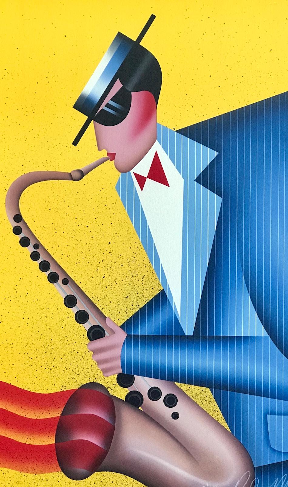 MAX THE SAX Litografia firmata, ritratto di musicista, sassofono, giallo, blu, rosso - Print di Robin Morris
