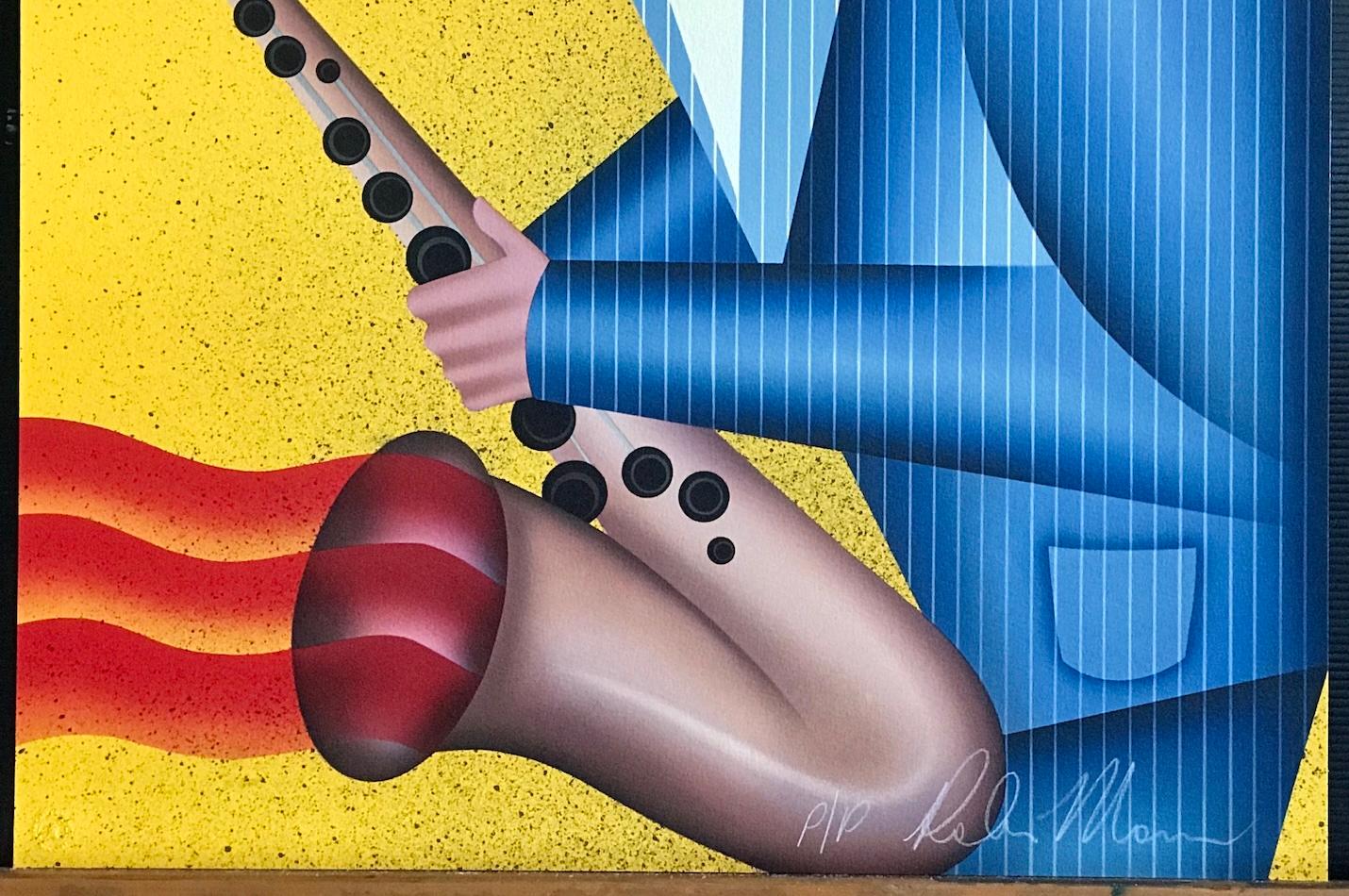 MAX THE SAX Litografia firmata, ritratto di musicista, sassofono, giallo, blu, rosso in vendita 2
