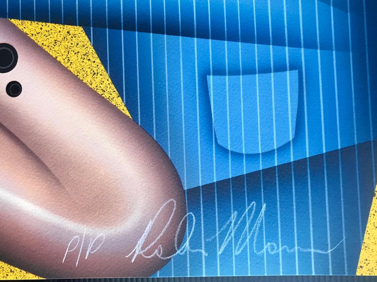 MAX THE SAX Litografia firmata, ritratto di musicista, sassofono, giallo, blu, rosso - Interior Print Giallo di Robin Morris