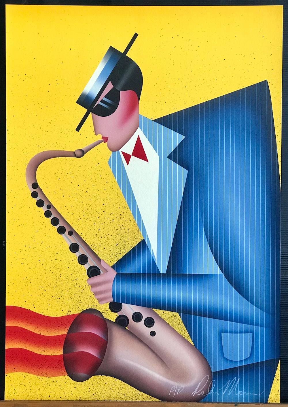 MAX THE SAX Signierte Lithographie, Musikerporträt im Art-déco-Stil, Saxophon (Gelb), Interior Print, von Robin Morris