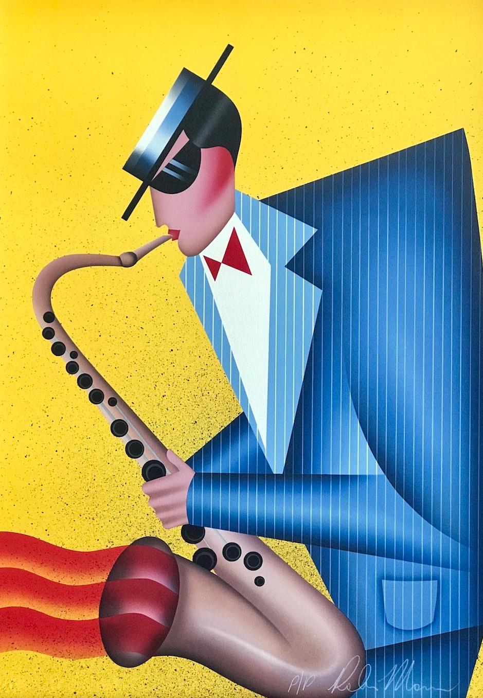 Lithographie signée MAX THE SAX, portrait de musicien de style Art déco, Saxophone