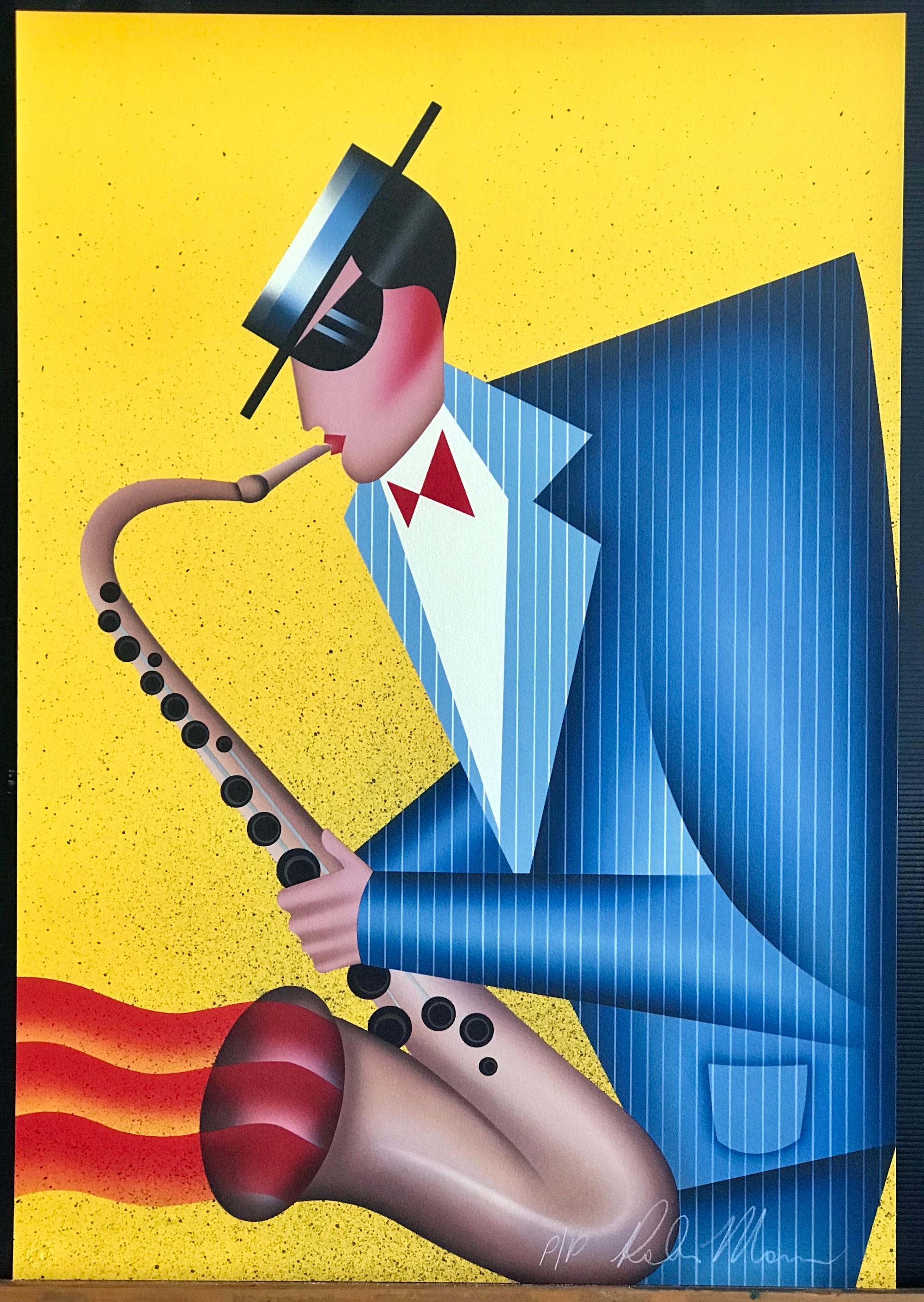 MAX THE SAX Signed Lithograph, Musician Portrait, Saxophone, Yellow, Blue, Red For Sale 1