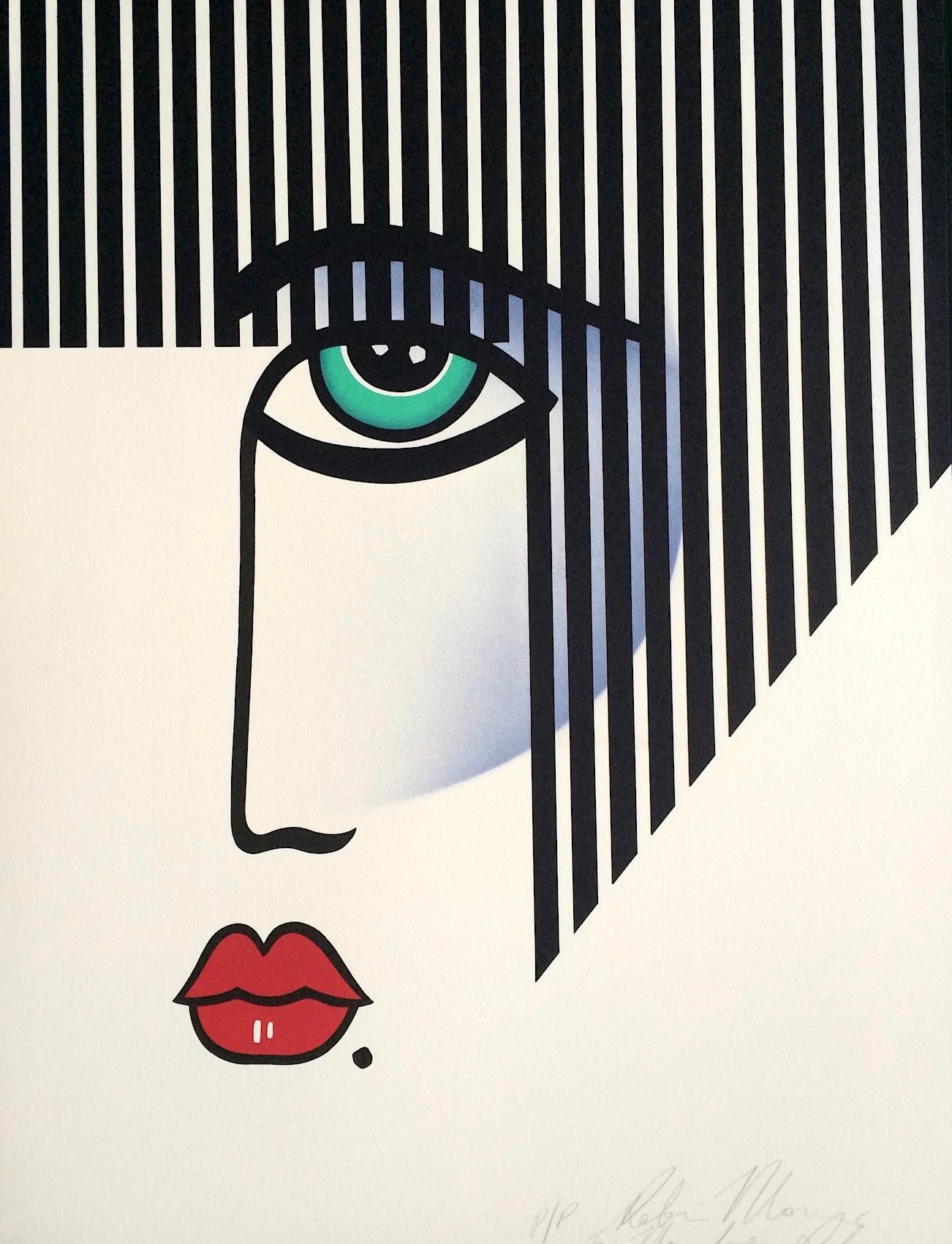 Robin Morris Print - NEW DECO Signed Lithograph, Modern Portrait Bold Stripe Hair, Red Lips, Art Deco