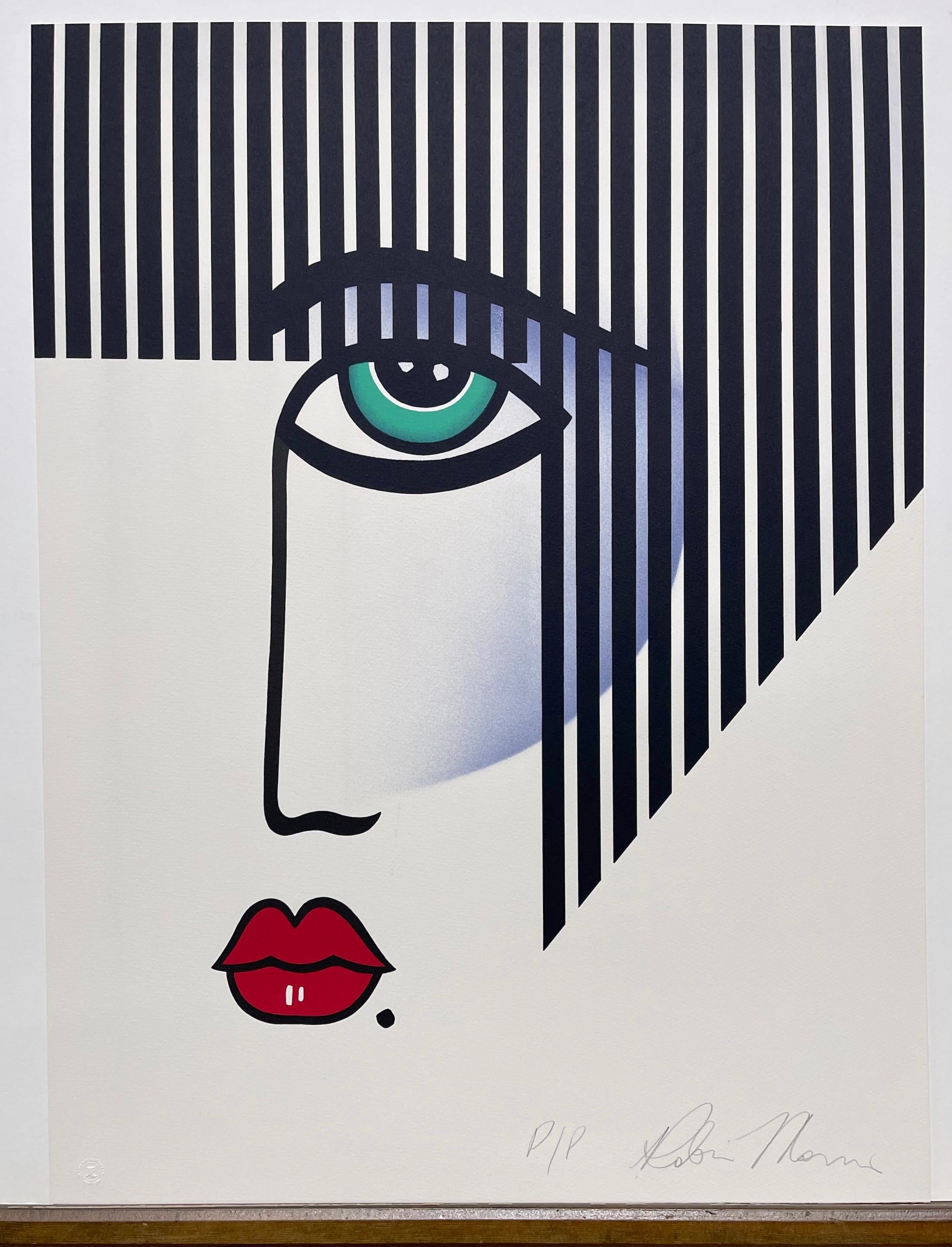 NEW DECO Signed Lithograph Modern Art Deco Portrait, Black Stripe Hair, Red Lips For Sale 7